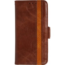Etui cuir iPhone 17 Pro - Flip Wallet en cuir véritable avec stripe design et compartiment à cartes - Brun foncé