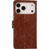 Etui cuir iPhone 17 Pro - Flip Wallet en cuir véritable avec stripe design et compartiment à cartes - Brun foncé