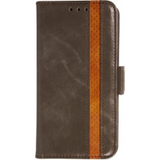 Etui cuir iPhone 17 Pro - Flip Wallet en cuir véritable avec stripe design et compartiment à cartes - Gris