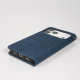 Etui cuir iPhone 17 Pro - Flip Wallet vintage avec fermeture aimantée et compartiment cartes - Bleu