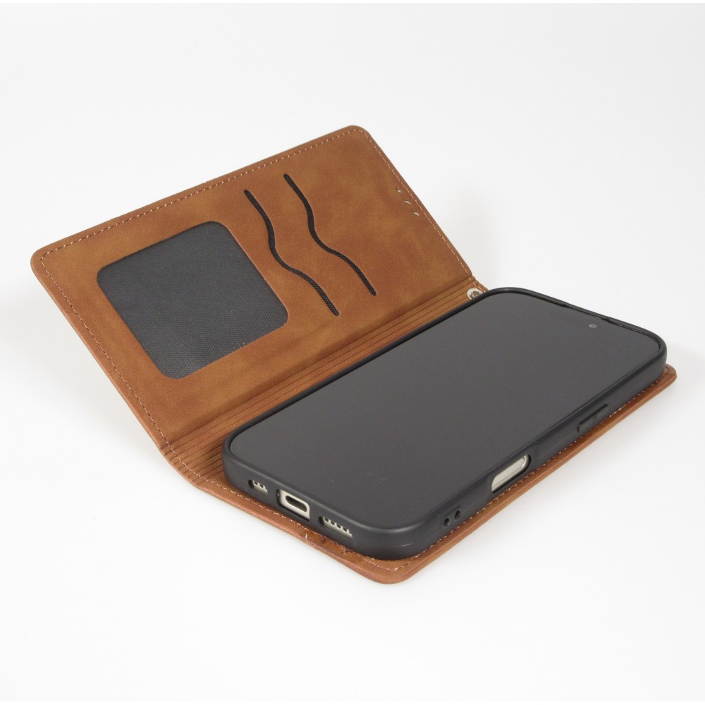 Etui cuir iPhone 17 Pro - Flip Wallet vintage avec fermeture aimantée et compartiment cartes - Brun