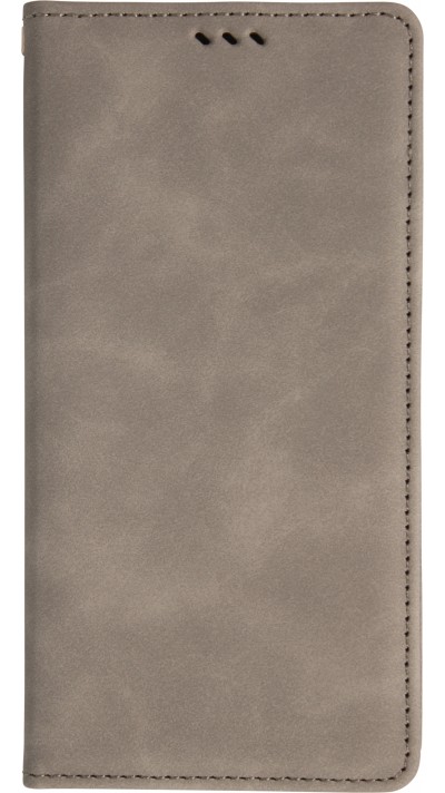 Etui cuir iPhone 17 Pro - Flip Wallet vintage avec fermeture aimantée et compartiment cartes - Gris