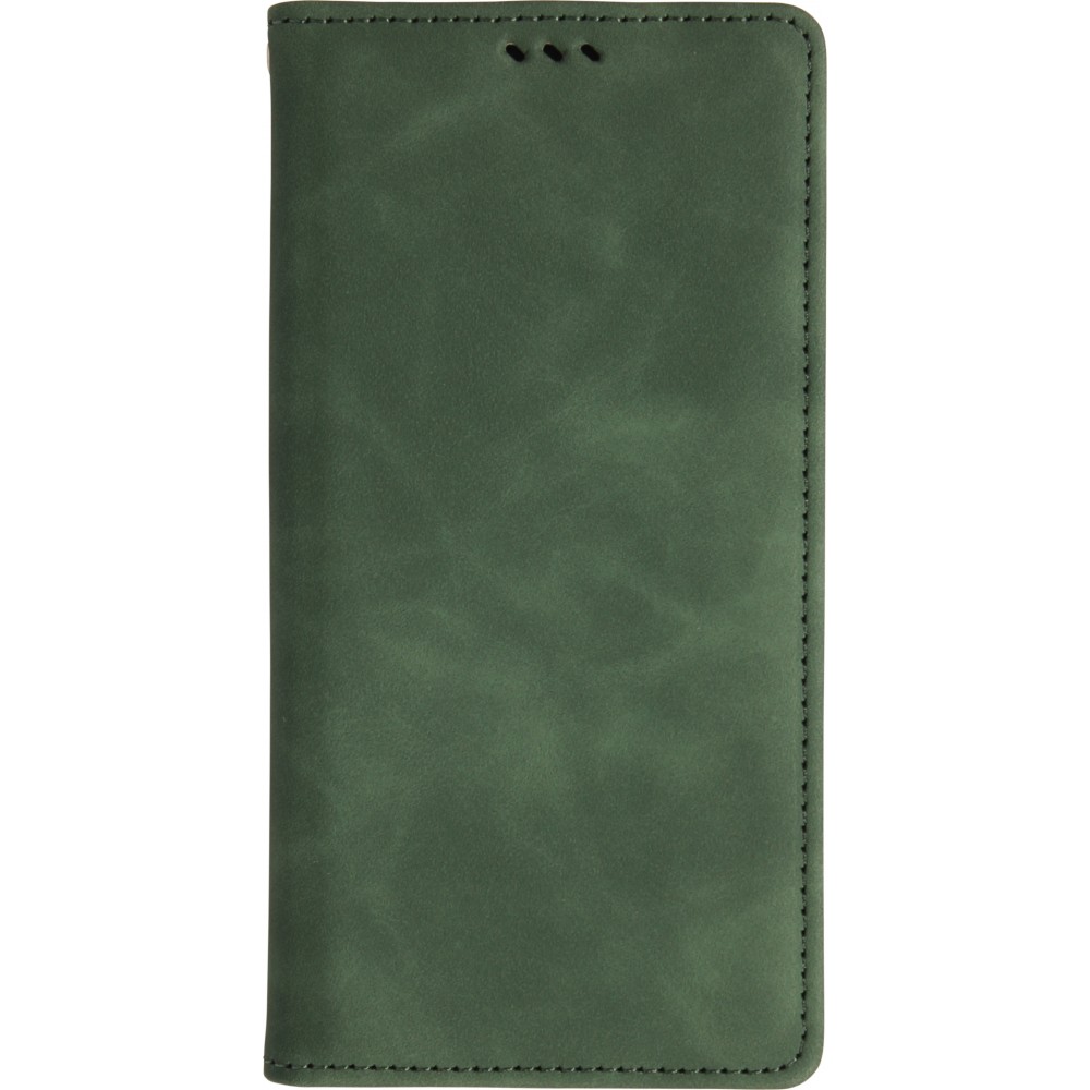 Etui cuir iPhone 17 Pro - Flip Wallet vintage avec fermeture aimantée et compartiment cartes - Vert foncé