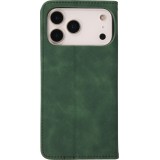 Etui cuir iPhone 17 Pro - Flip Wallet vintage avec fermeture aimantée et compartiment cartes - Vert foncé