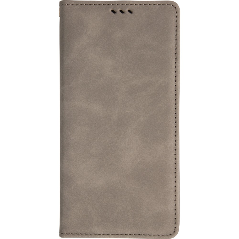 Etui cuir iPhone 17 Pro Max - Flip Wallet vintage avec fermeture aimantée et compartiment cartes - Gris