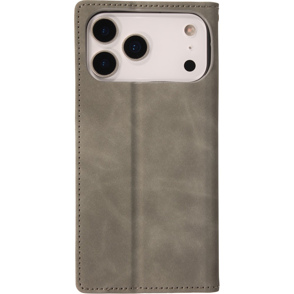 Etui cuir iPhone 17 Pro Max - Flip Wallet vintage avec fermeture aimantée et compartiment cartes - Gris