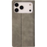 Etui cuir iPhone 17 Pro Max - Flip Wallet vintage avec fermeture aimantée et compartiment cartes - Gris