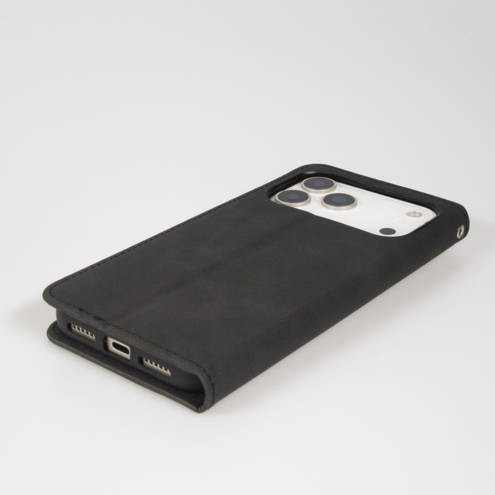 Etui cuir iPhone 17 Pro Max - Flip Wallet vintage avec fermeture aimantée et compartiment cartes - Noir