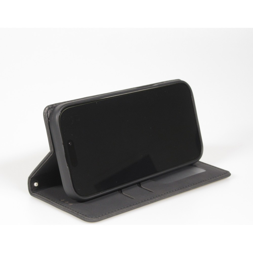 Etui cuir iPhone 17 Pro Max - Flip Wallet vintage avec fermeture aimantée et compartiment cartes - Noir