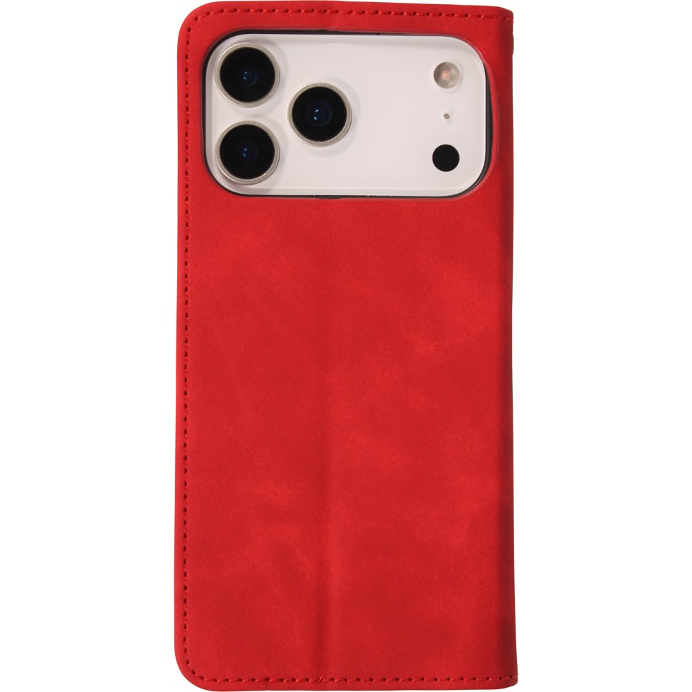 Etui cuir iPhone 17 Pro Max - Flip Wallet vintage avec fermeture aimantée et compartiment cartes - Rouge