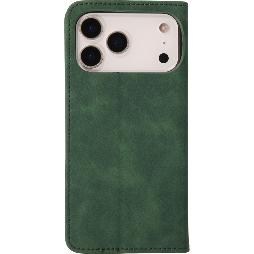Etui cuir iPhone 17 Pro Max - Flip Wallet vintage avec fermeture aimantée et compartiment cartes - Vert foncé