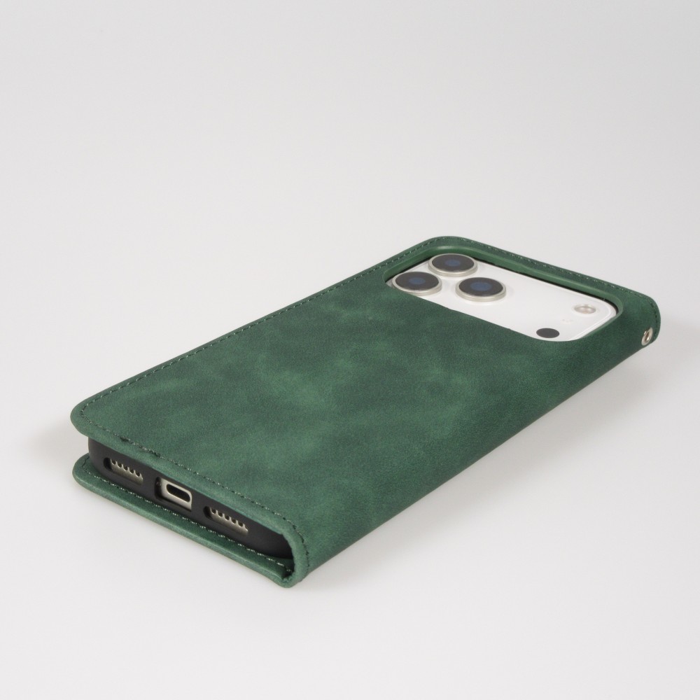 Etui cuir iPhone 17 Pro Max - Flip Wallet vintage avec fermeture aimantée et compartiment cartes - Vert foncé