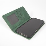 Etui cuir iPhone 17 Pro Max - Flip Wallet vintage avec fermeture aimantée et compartiment cartes - Vert foncé