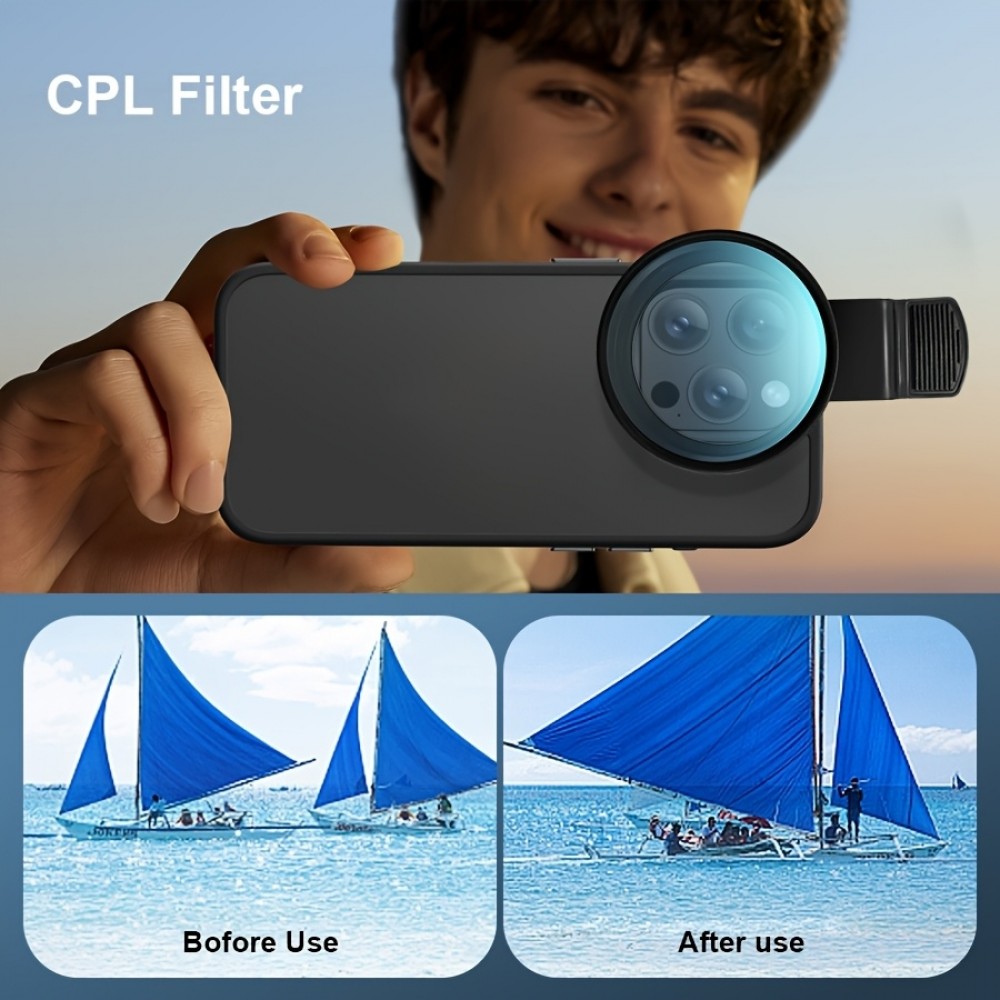 Filtre polarisant professionnel pour smartphone (iPhone, Samsung) avec clip rotatif haute définition restauration des couleurs - Noir