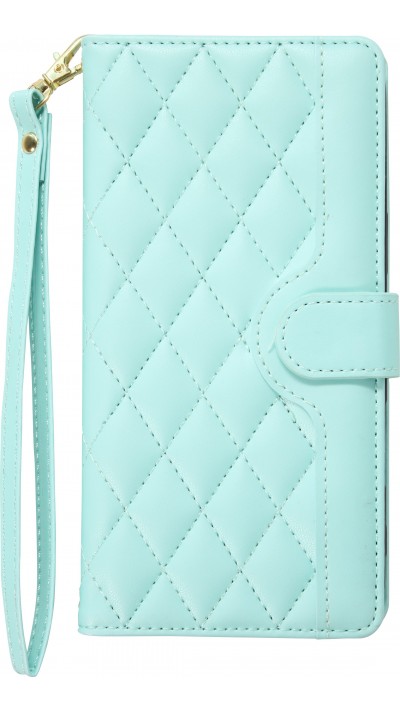 Fourre iPhone 16 - Flip matelassé élégant avec fermeture magnétique et lanière et emplacements pour cartes - Turquoise