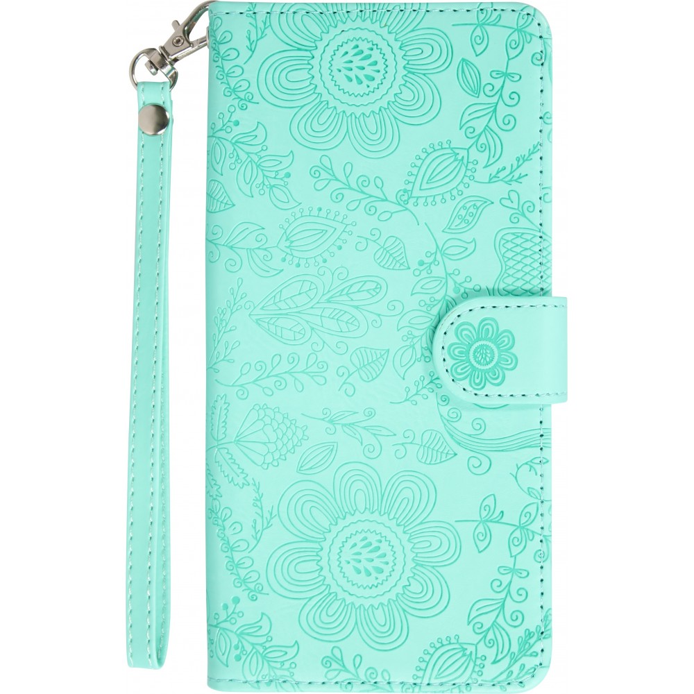 Fourre iPhone 16 - Flip porte-cartes dessins fleurs avec lanière - Bleu clair