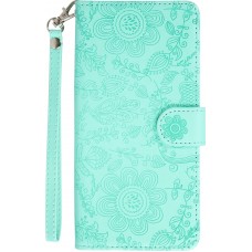 Fourre iPhone 16 - Flip porte-cartes dessins fleurs avec lanière - Bleu clair