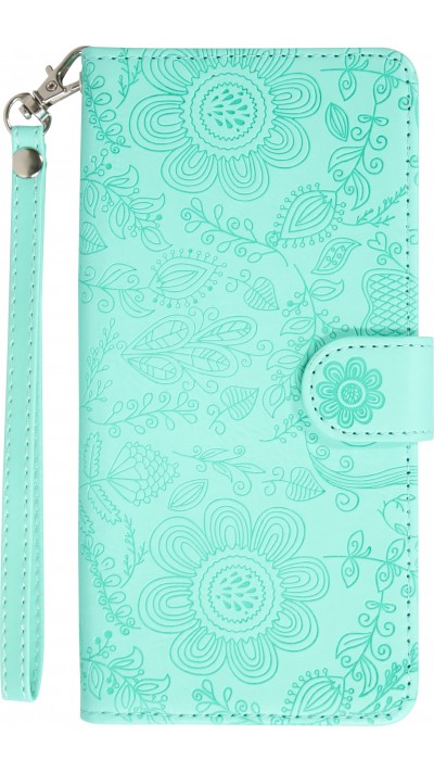 Fourre iPhone 16 - Flip porte-cartes dessins fleurs avec lanière - Bleu clair