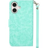 Fourre iPhone 16 - Flip porte-cartes dessins fleurs avec lanière - Bleu clair