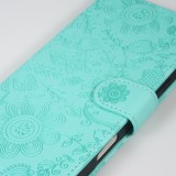 Fourre iPhone 16 - Flip porte-cartes dessins fleurs avec lanière - Bleu clair