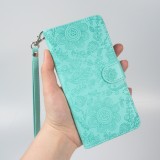 Fourre iPhone 16 - Flip porte-cartes dessins fleurs avec lanière - Bleu clair