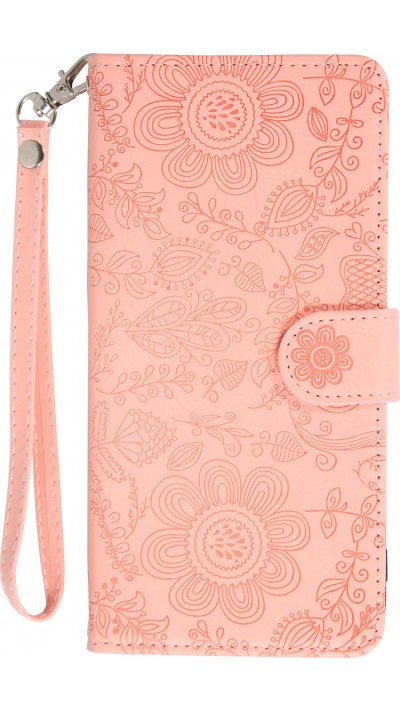 Fourre iPhone 16 - Flip porte-cartes dessins fleurs avec lanière - Rose
