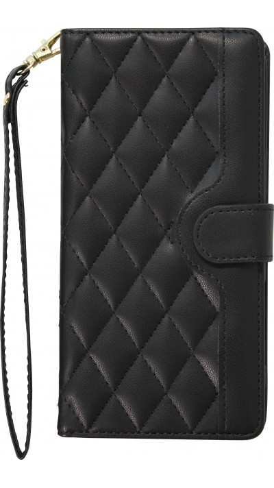 Fourre iPhone 16 Pro - Flip matelassé élégant avec fermeture magnétique et lanière et emplacements pour cartes - Noir