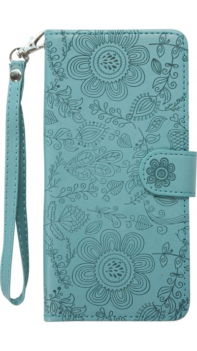 Fourre iPhone 16 Pro - Flip porte-cartes dessins fleurs avec lanière - Bleu foncé