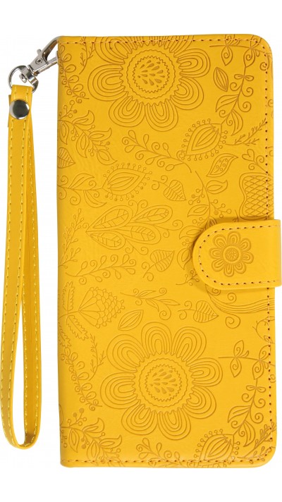 Fourre iPhone 16 Pro - Flip porte-cartes dessins fleurs avec lanière - Jaune