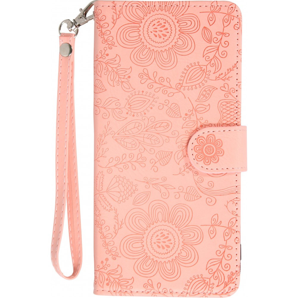 Fourre iPhone 16 Pro - Flip porte-cartes dessins fleurs avec lani&egrave;re - Rose