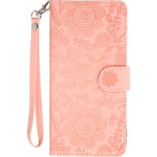 Fourre iPhone 16 Pro - Flip porte-cartes dessins fleurs avec lani&egrave;re - Rose