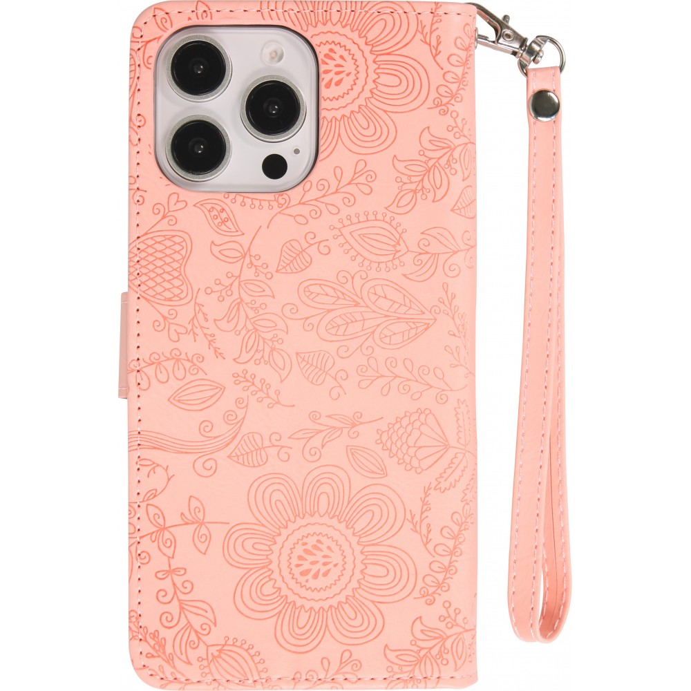 Fourre iPhone 16 Pro - Flip porte-cartes dessins fleurs avec lani&egrave;re - Rose