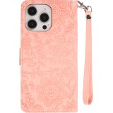 Fourre iPhone 16 Pro - Flip porte-cartes dessins fleurs avec lani&egrave;re - Rose