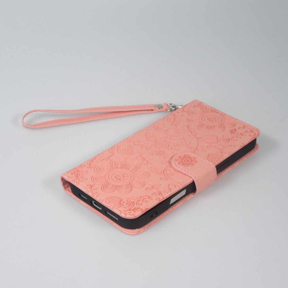 Fourre iPhone 16 Pro - Flip porte-cartes dessins fleurs avec lani&egrave;re - Rose