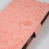 Fourre iPhone 16 Pro - Flip porte-cartes dessins fleurs avec lani&egrave;re - Rose