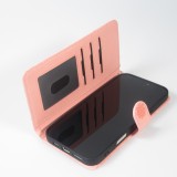 Fourre iPhone 16 Pro - Flip porte-cartes dessins fleurs avec lani&egrave;re - Rose
