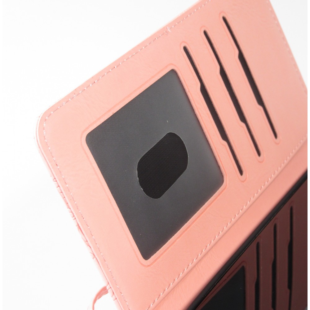 Fourre iPhone 16 Pro - Flip porte-cartes dessins fleurs avec lani&egrave;re - Rose