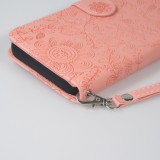 Fourre iPhone 16 Pro - Flip porte-cartes dessins fleurs avec lani&egrave;re - Rose