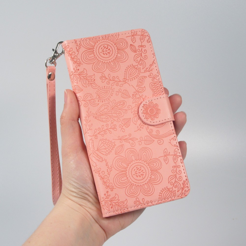 Fourre iPhone 16 Pro - Flip porte-cartes dessins fleurs avec lani&egrave;re - Rose