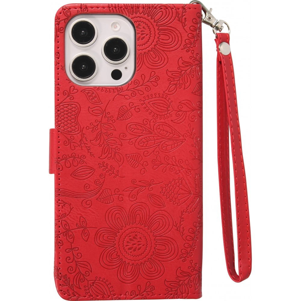 Fourre iPhone 16 Pro - Flip porte-cartes dessins fleurs avec lani&egrave;re - Rouge
