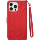 Fourre iPhone 16 Pro - Flip porte-cartes dessins fleurs avec lani&egrave;re - Rouge