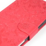 Fourre iPhone 16 Pro - Flip porte-cartes dessins fleurs avec lani&egrave;re - Rouge