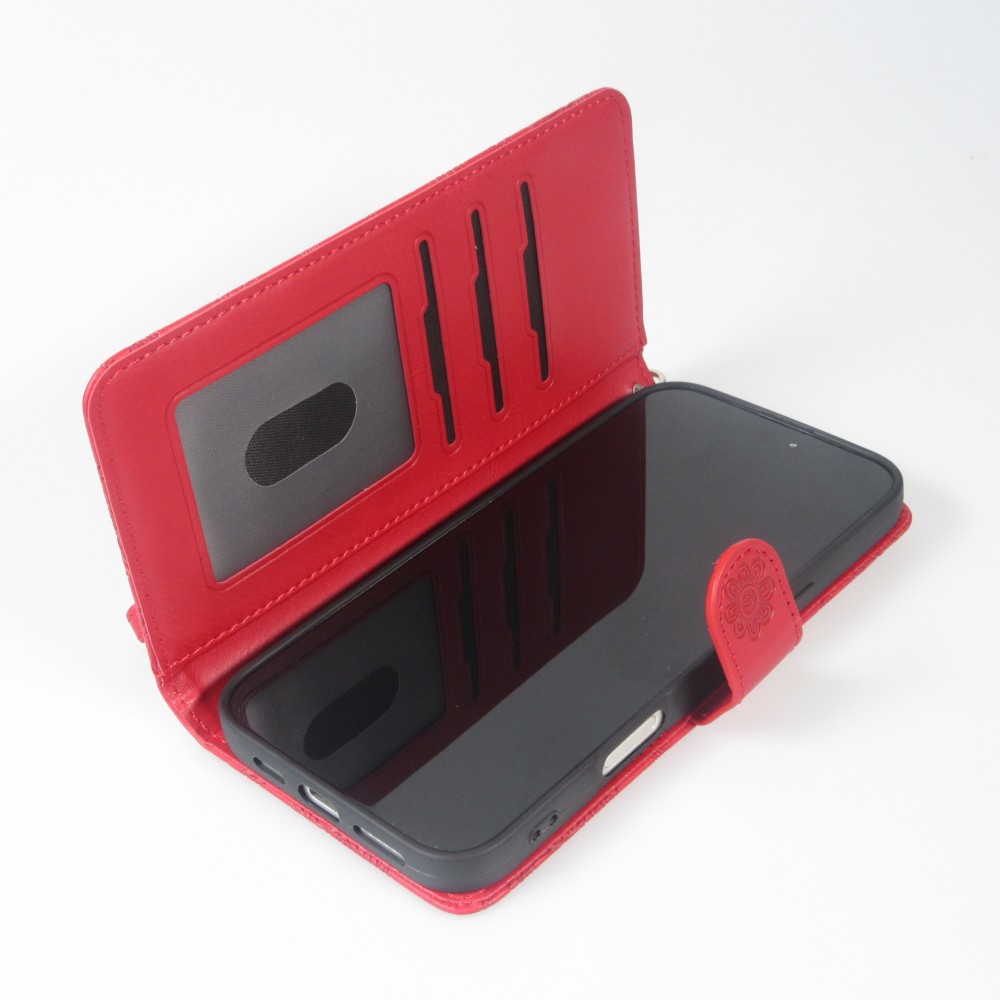 Fourre iPhone 16 Pro - Flip porte-cartes dessins fleurs avec lani&egrave;re - Rouge