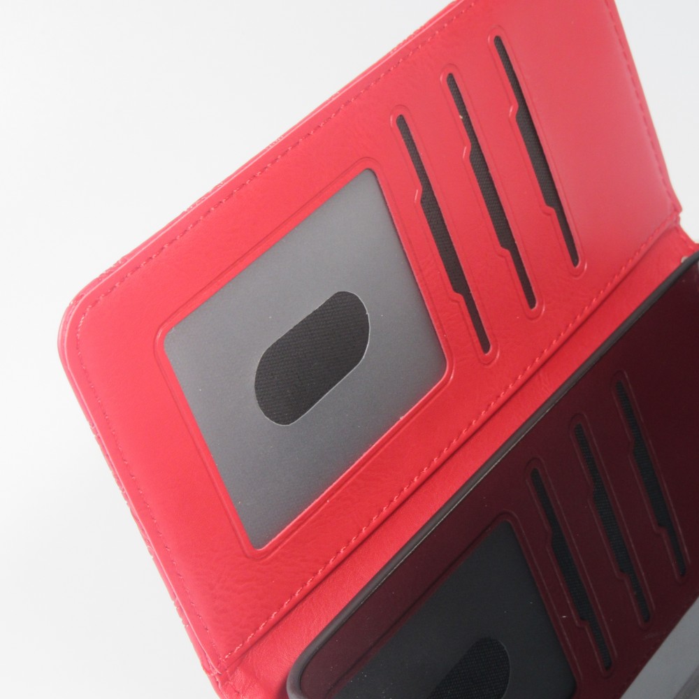 Fourre iPhone 16 Pro - Flip porte-cartes dessins fleurs avec lani&egrave;re - Rouge