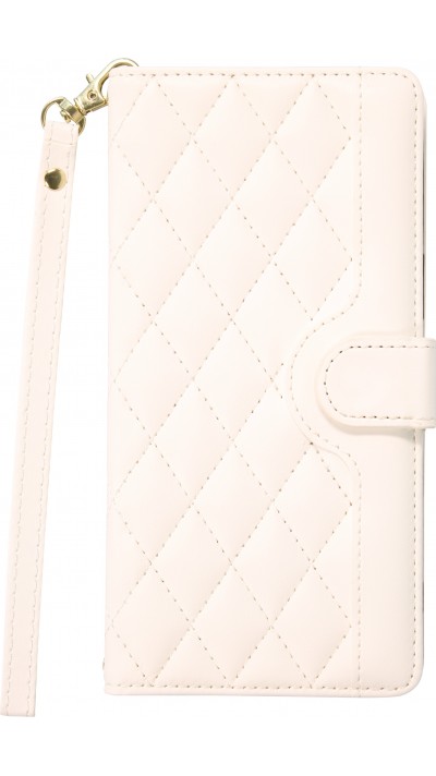 Fourre iPhone 16 Pro Max - Flip matelassé élégant avec fermeture magnétique et lanière et emplacements pour cartes - Blanc