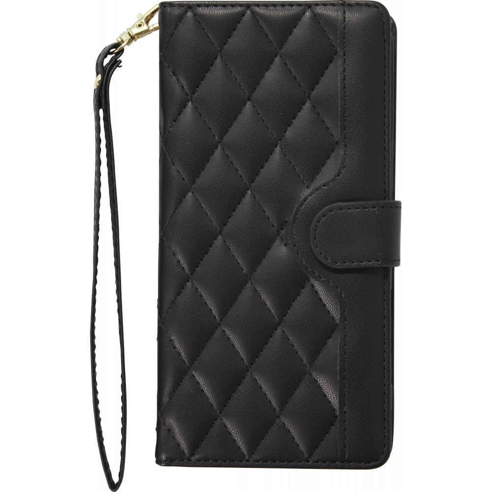 Fourre iPhone 16 Pro Max - Flip matelass&eacute; &eacute;l&eacute;gant avec fermeture magn&eacute;tique et lani&egrave;re et emplacements pour cartes - Noir