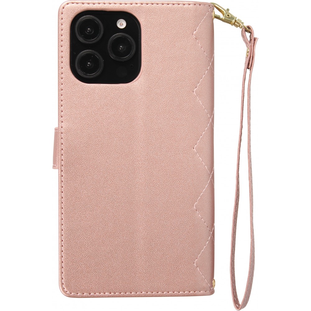 Fourre iPhone 16 Pro Max - Flip matelassé élégant avec fermeture magnétique et lanière et emplacements pour cartes - Or rose