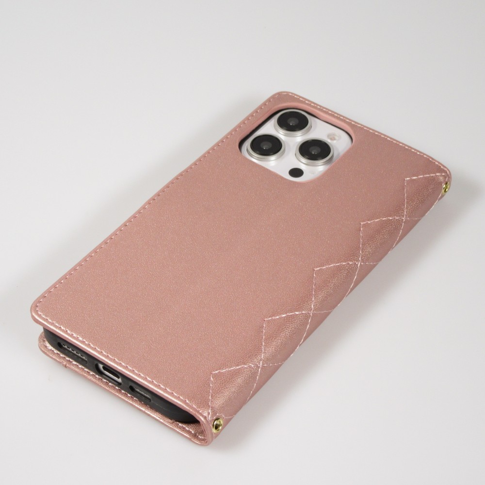 Fourre iPhone 16 Pro Max - Flip matelassé élégant avec fermeture magnétique et lanière et emplacements pour cartes - Or rose