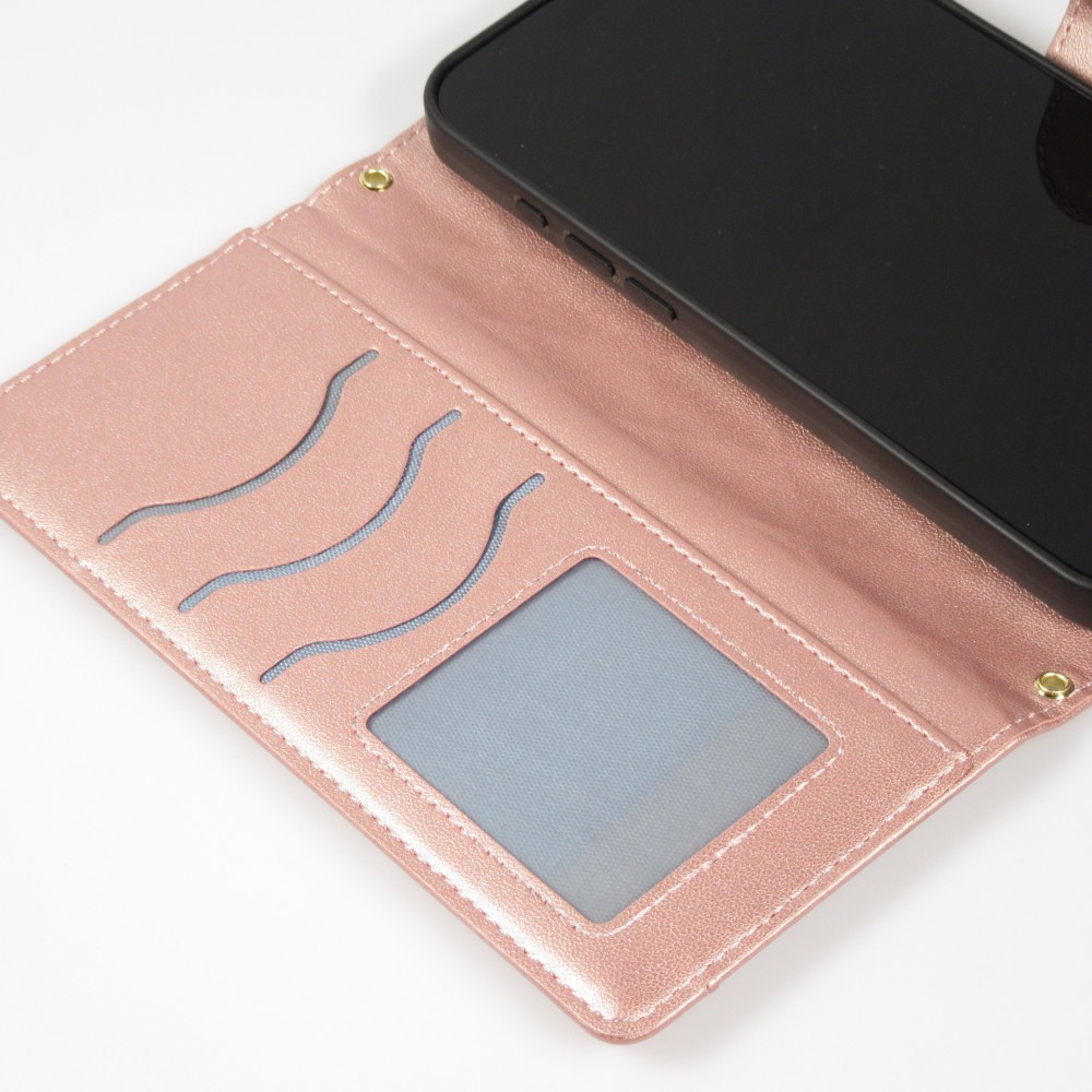 Fourre iPhone 16 Pro Max - Flip matelassé élégant avec fermeture magnétique et lanière et emplacements pour cartes - Or rose