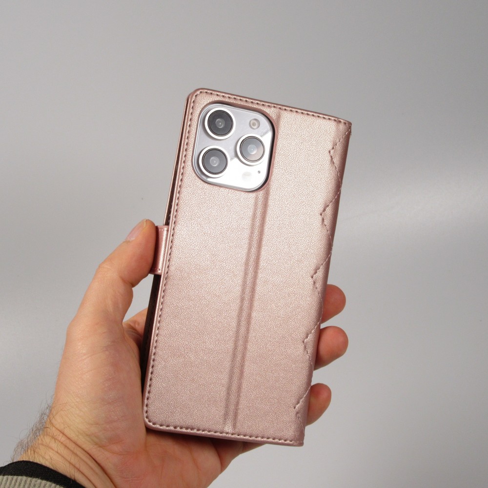 Fourre iPhone 16 Pro Max - Flip matelassé élégant avec fermeture magnétique et lanière et emplacements pour cartes - Or rose
